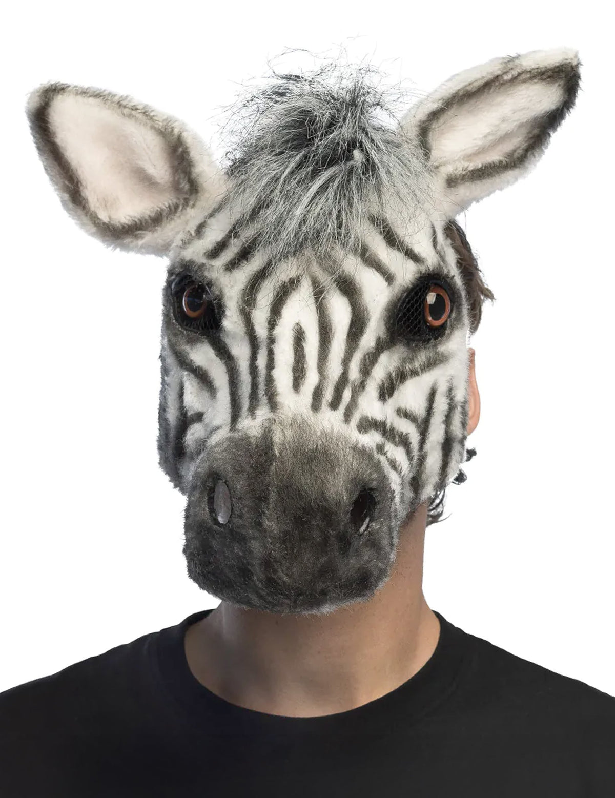 Demi-masque peluche zèbre pour adulte à rayures noires et blanches avec crinière