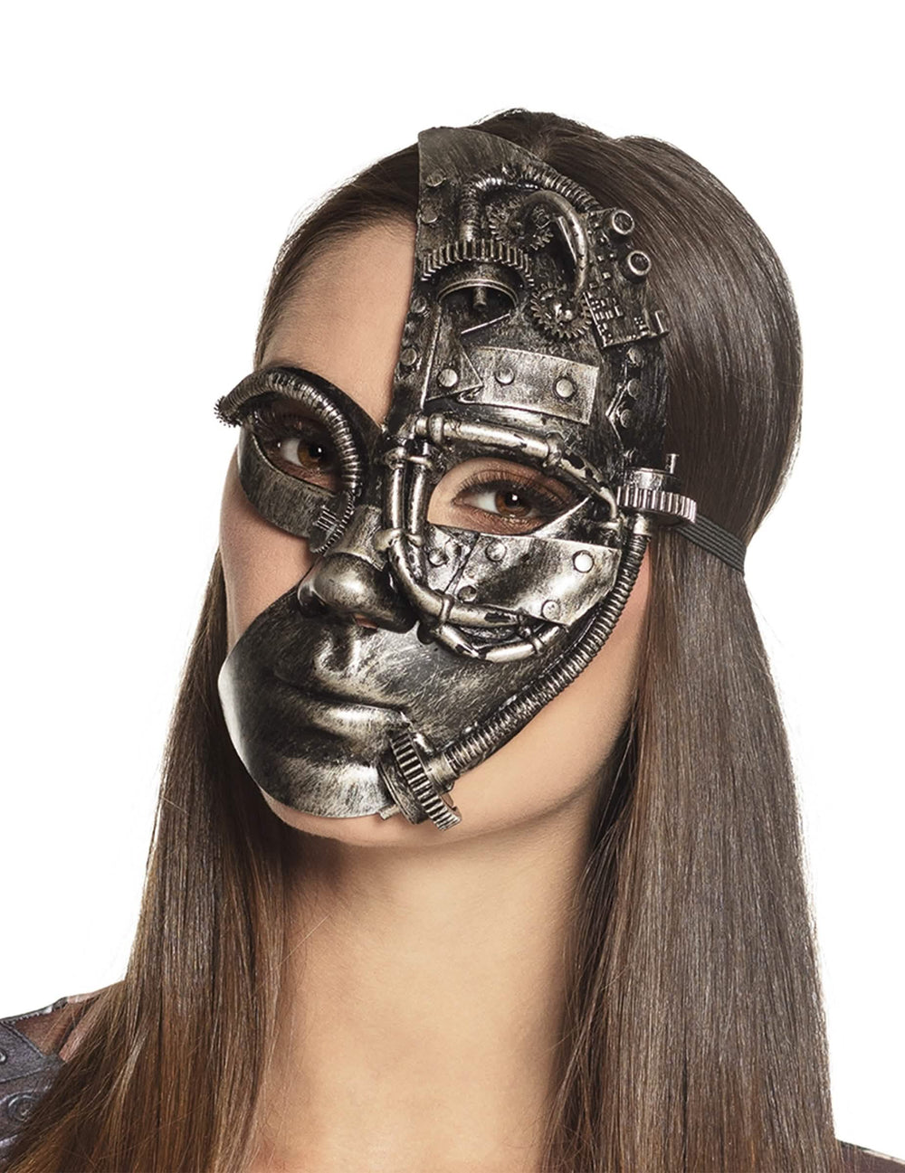 Grande plano da meia máscara robot steampunk usada com um gesto de silêncio