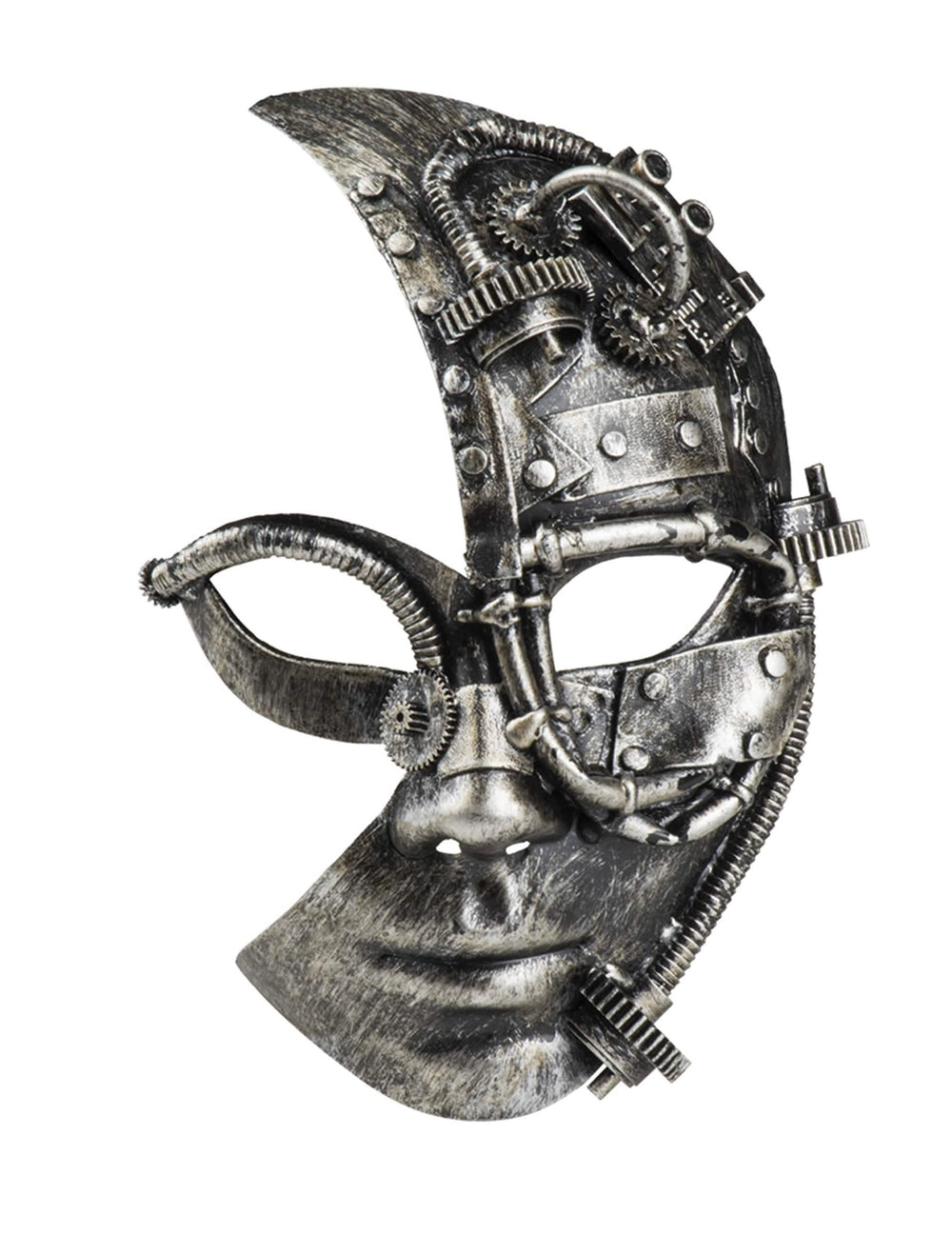 Vista frontal com as mãos nas têmporas da meia máscara robot steampunk
