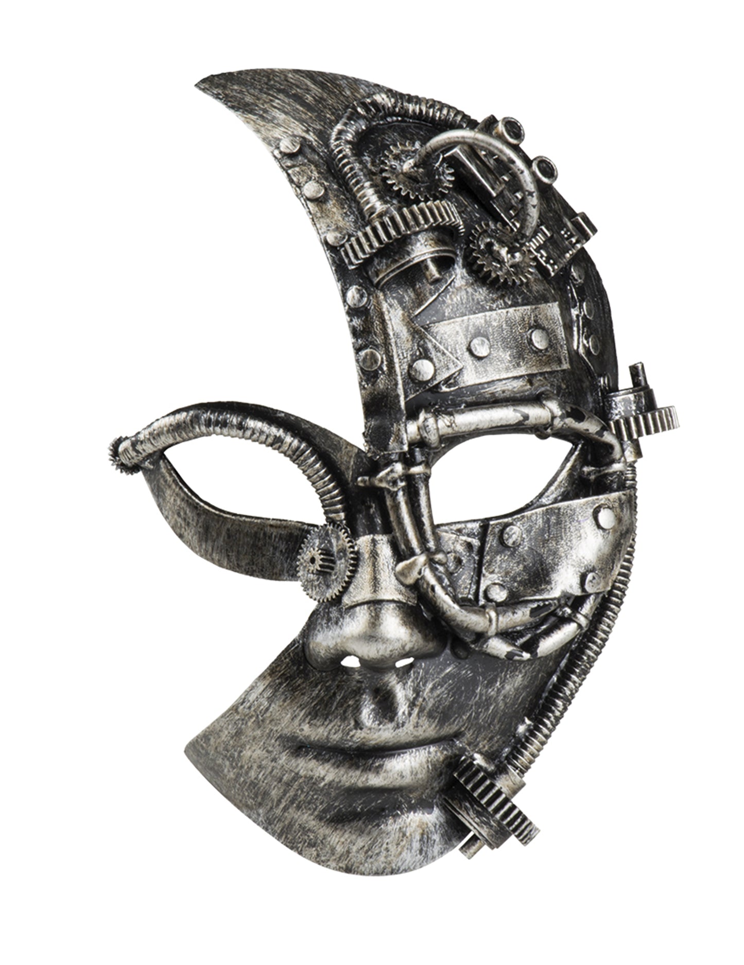 Vue de face avec les mains sur les tempes du demi masque robot Steampunk