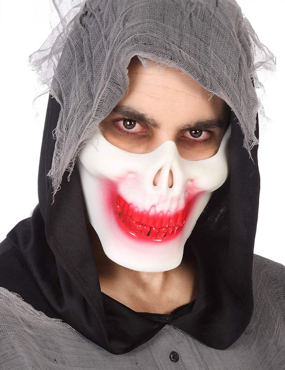 Meio máscara de esqueleto ensanguentado para adulto branco e vermelho