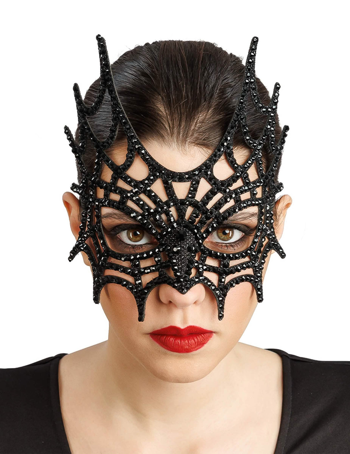 Meia máscara teia de aranha com strass preto adulto