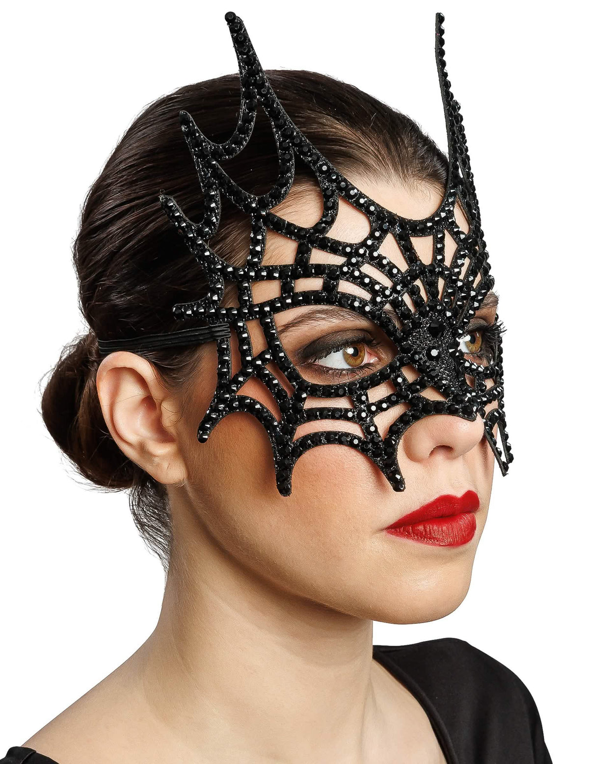 Meia máscara teia de aranha com strass preto adulto
