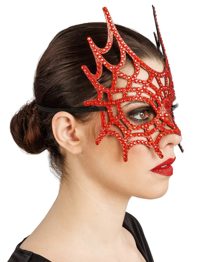 Meia-máscara de teia de aranha com strass vermelho para adulto