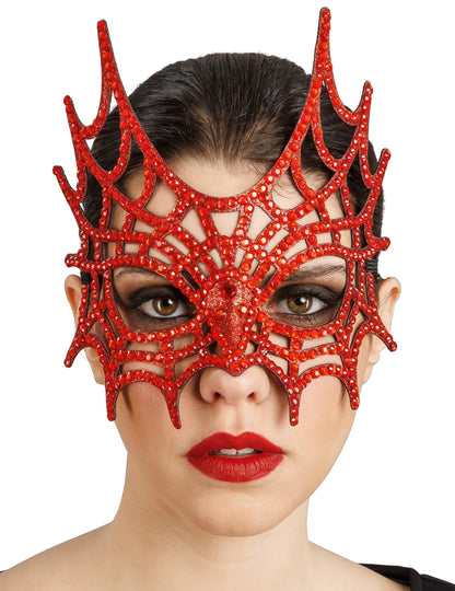 Meia-máscara de teia de aranha com strass vermelho para adulto