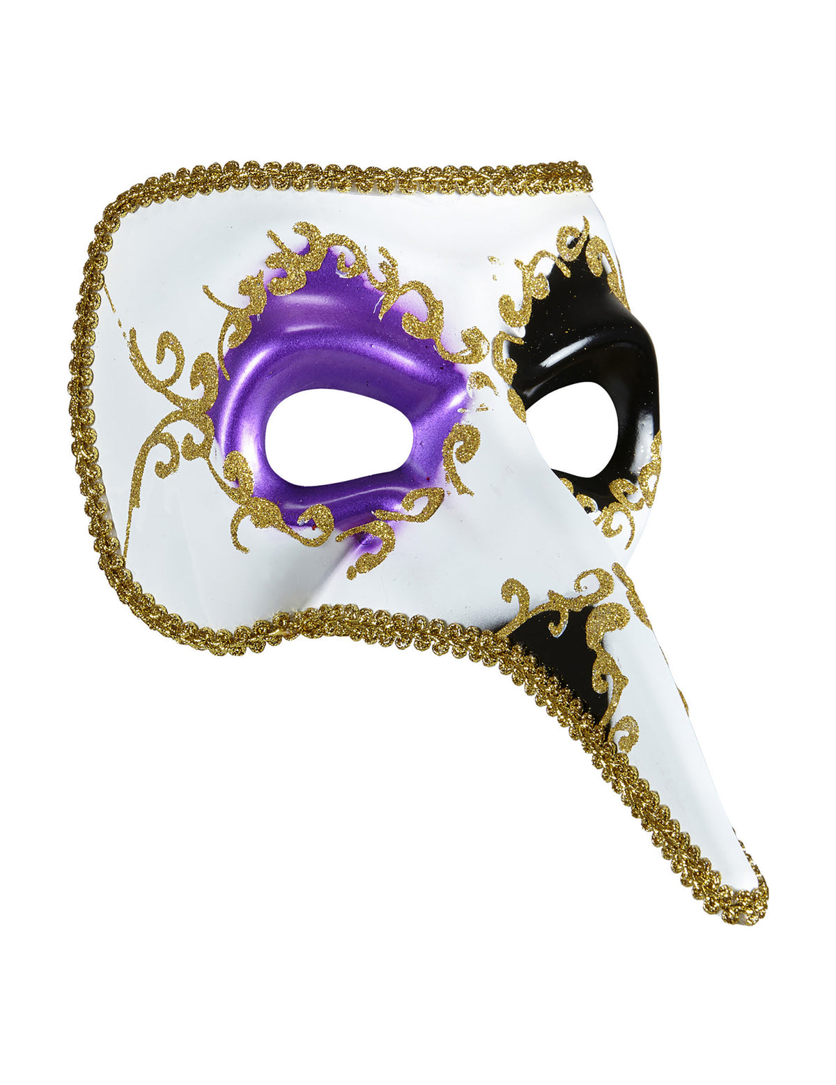 Vue de profil du demi-masque vénitien à long nez