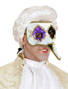 Demi-masque vénitien à long nez pour adulte blanc avec motifs or violet et noir