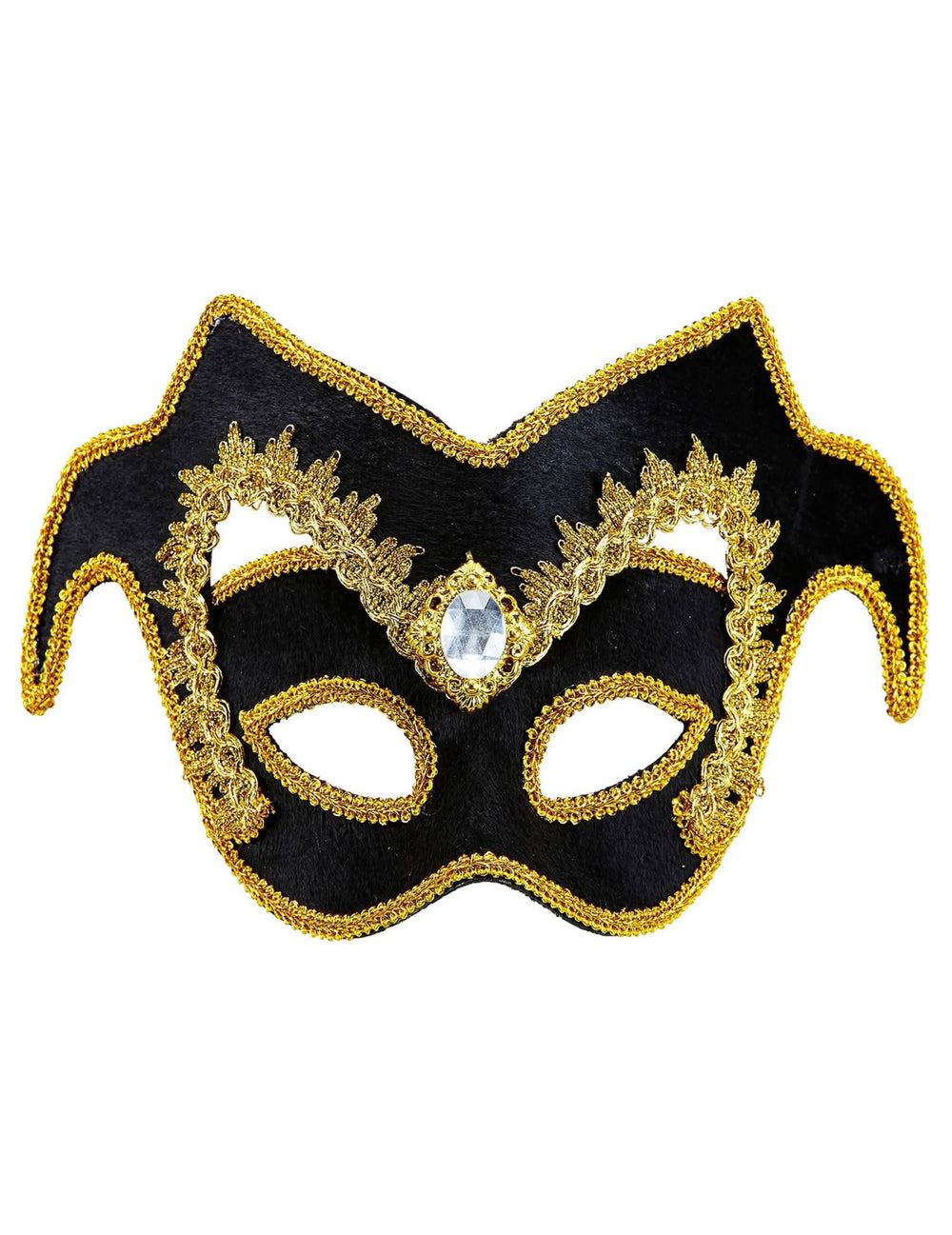 Máscara veneziana meia para adulto preto e dourado com joia