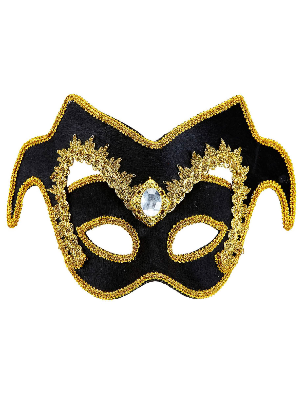 Máscara veneziana meia para adulto preto e dourado com joia