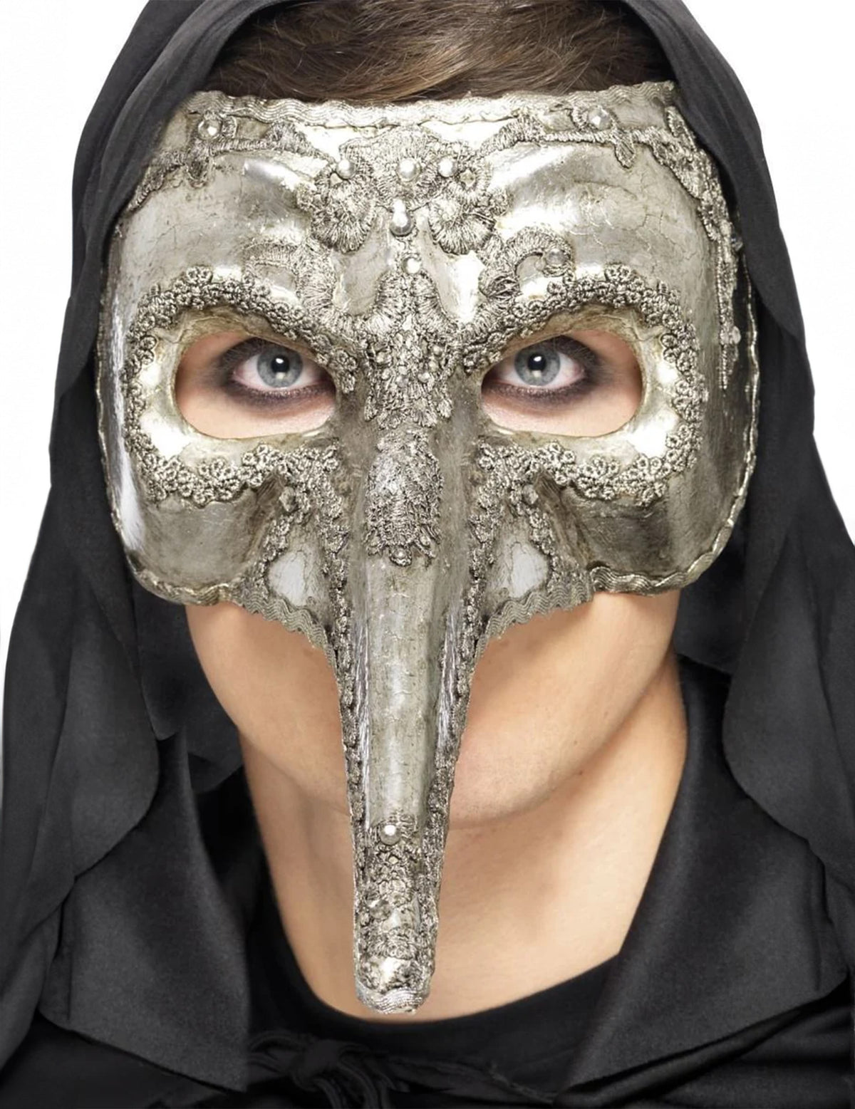 Demi-masque vénitien long nez pour adulte argenté