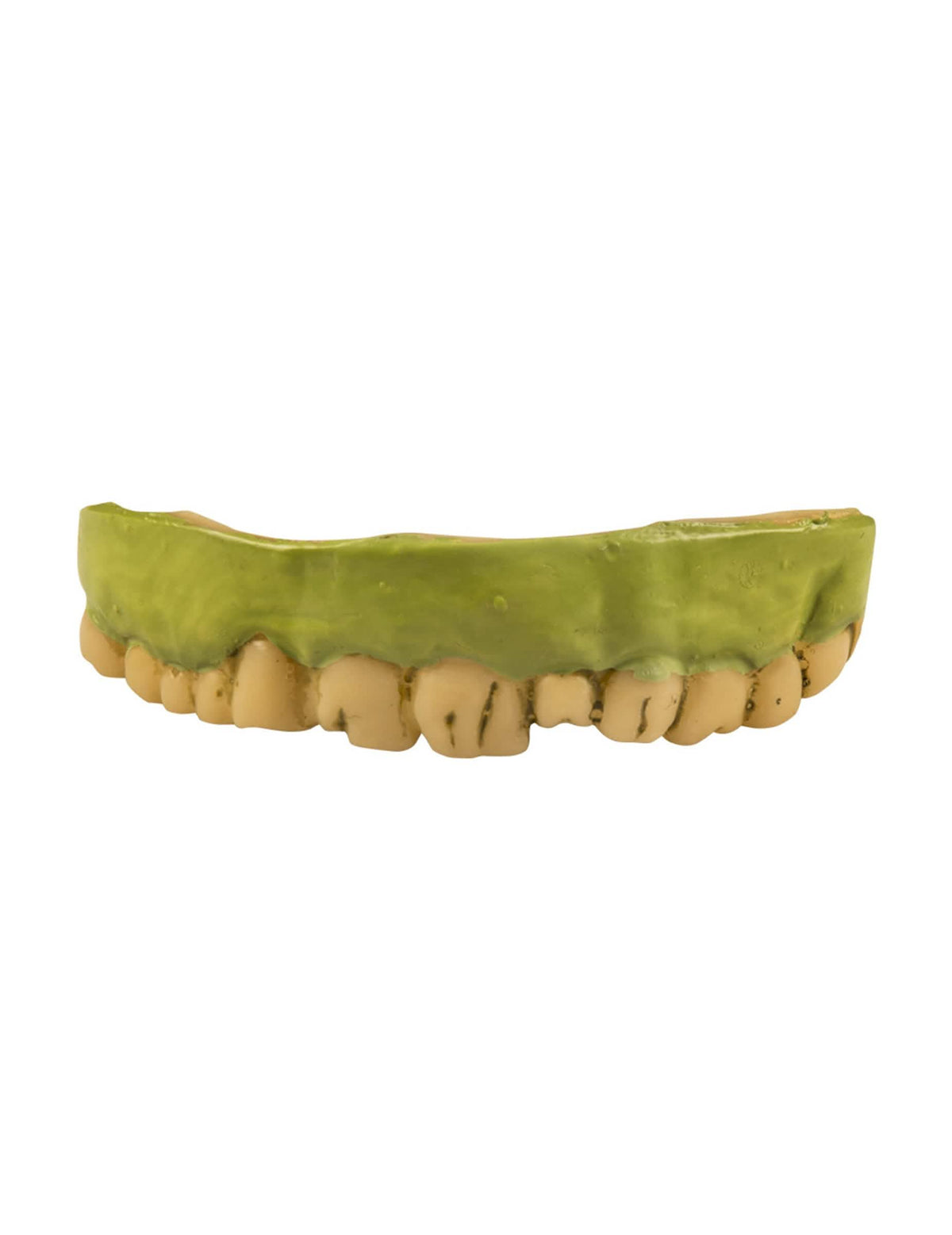 Detalhe das gengivas verdes da dentadura zombie para adulto halloween