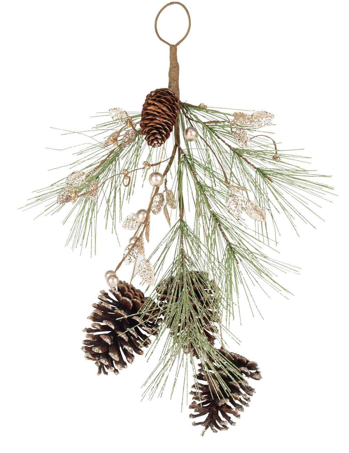 Descida de pinhas para árvore de Natal com brilhos cor champanhe e dourado