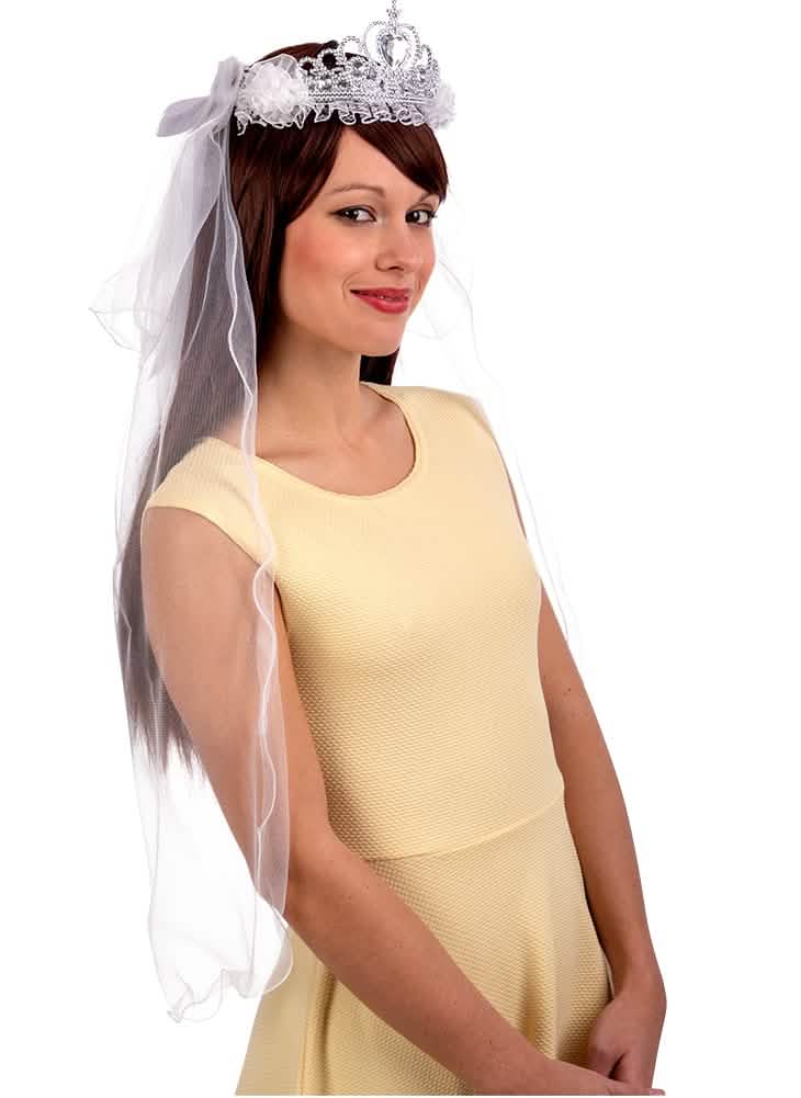 Diadema com véu de noiva para mulher prateado e branco