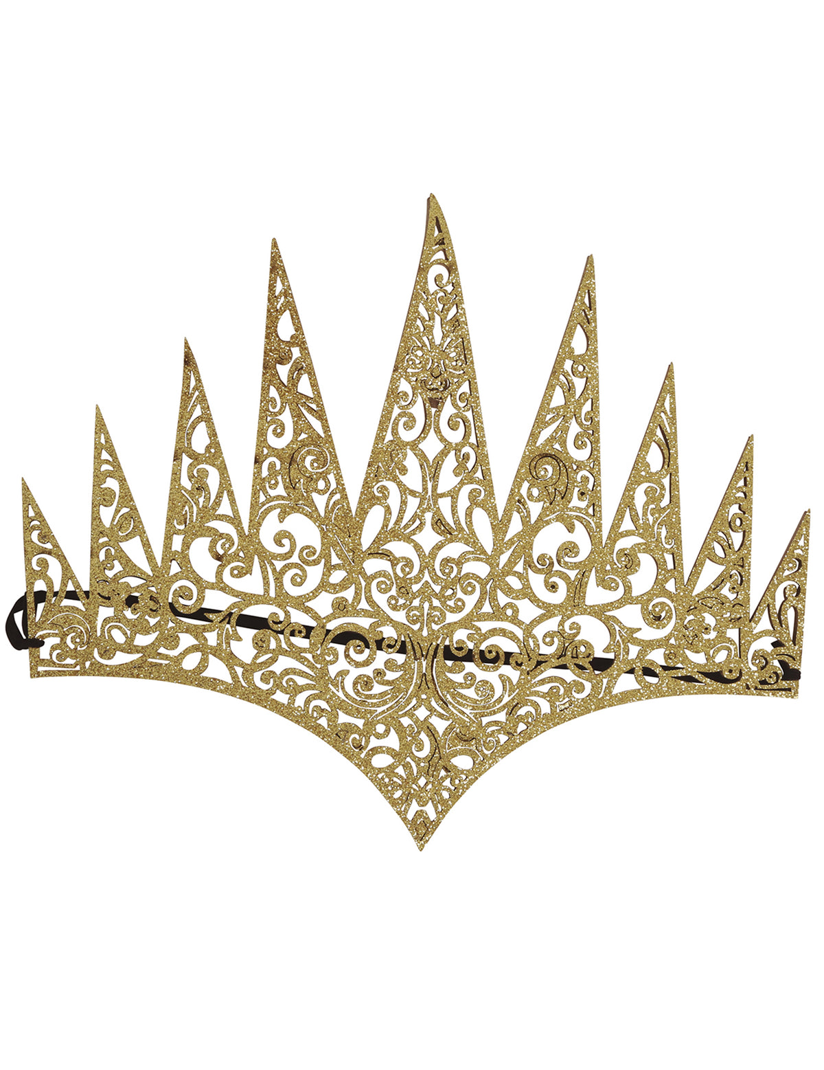 Détail des motifs ajourés et pailletés du diadème de méchante reine