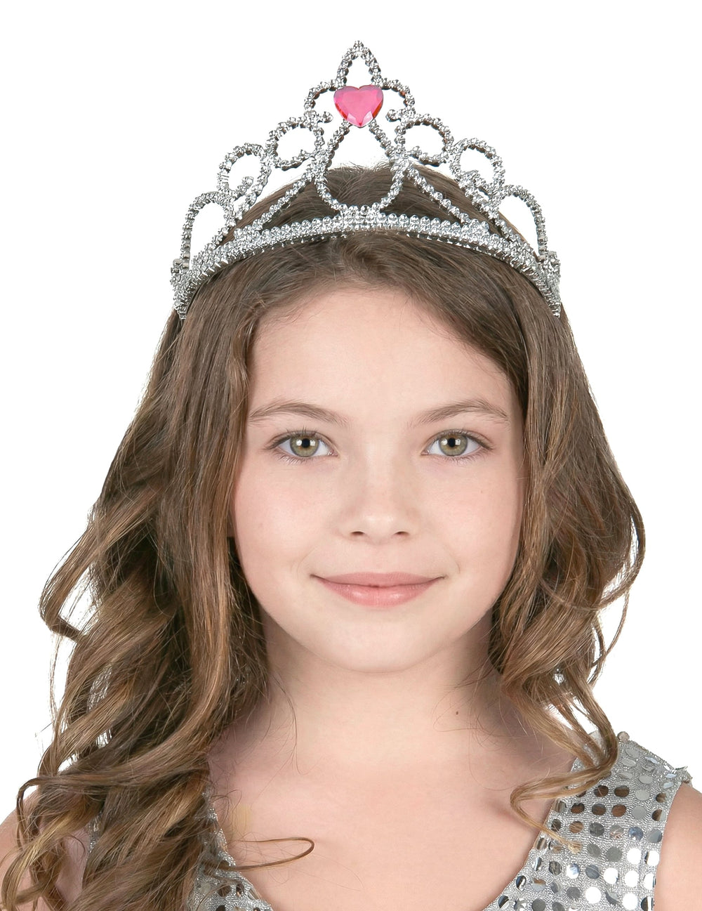 Diadème princesse cœur pour adulte et enfant argenté avec pierre rose