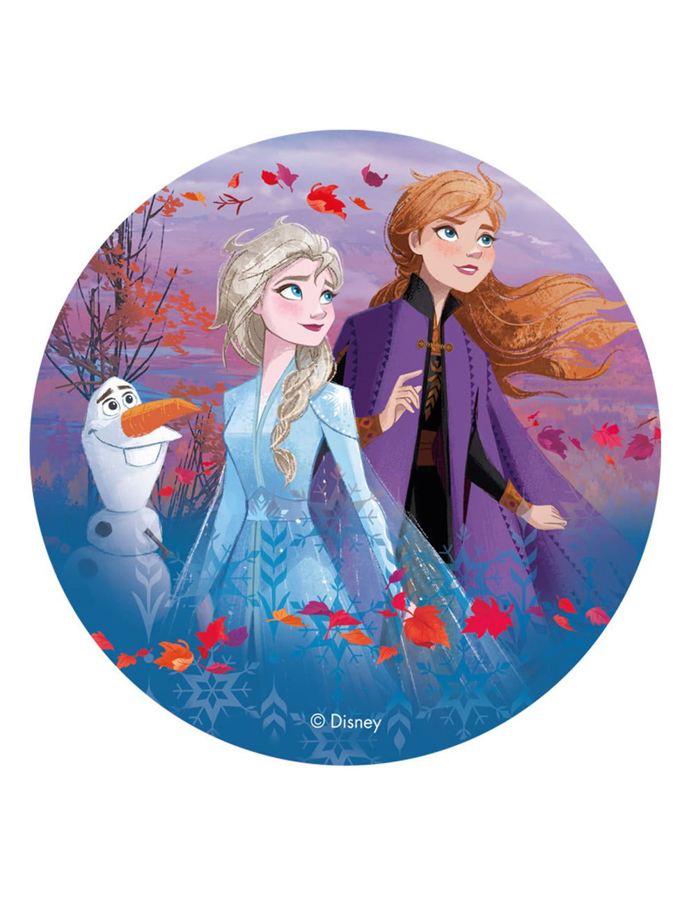 Disque en azyme La Reine des Neiges 2 Anna Elsa et Olaf pour gâteau bleu et violet