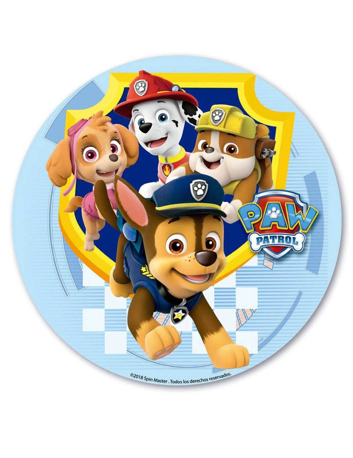 Disco em açúcar Patrulha Pata para bolo azul céu com Chase, Marshall, Skye e Rubble