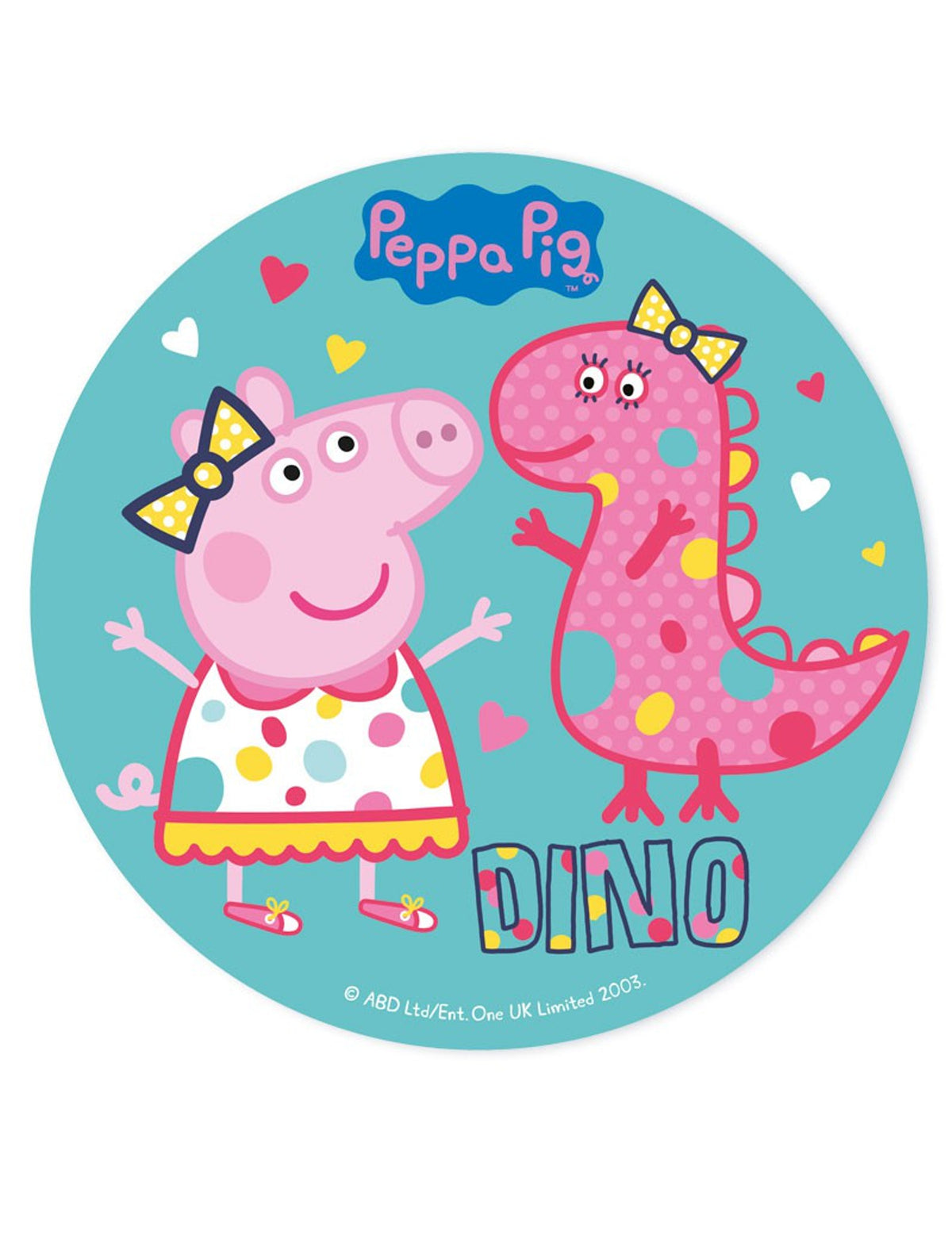 Disque en sucre Peppa Pig pour enfant bleu avec motif dinosaure rose