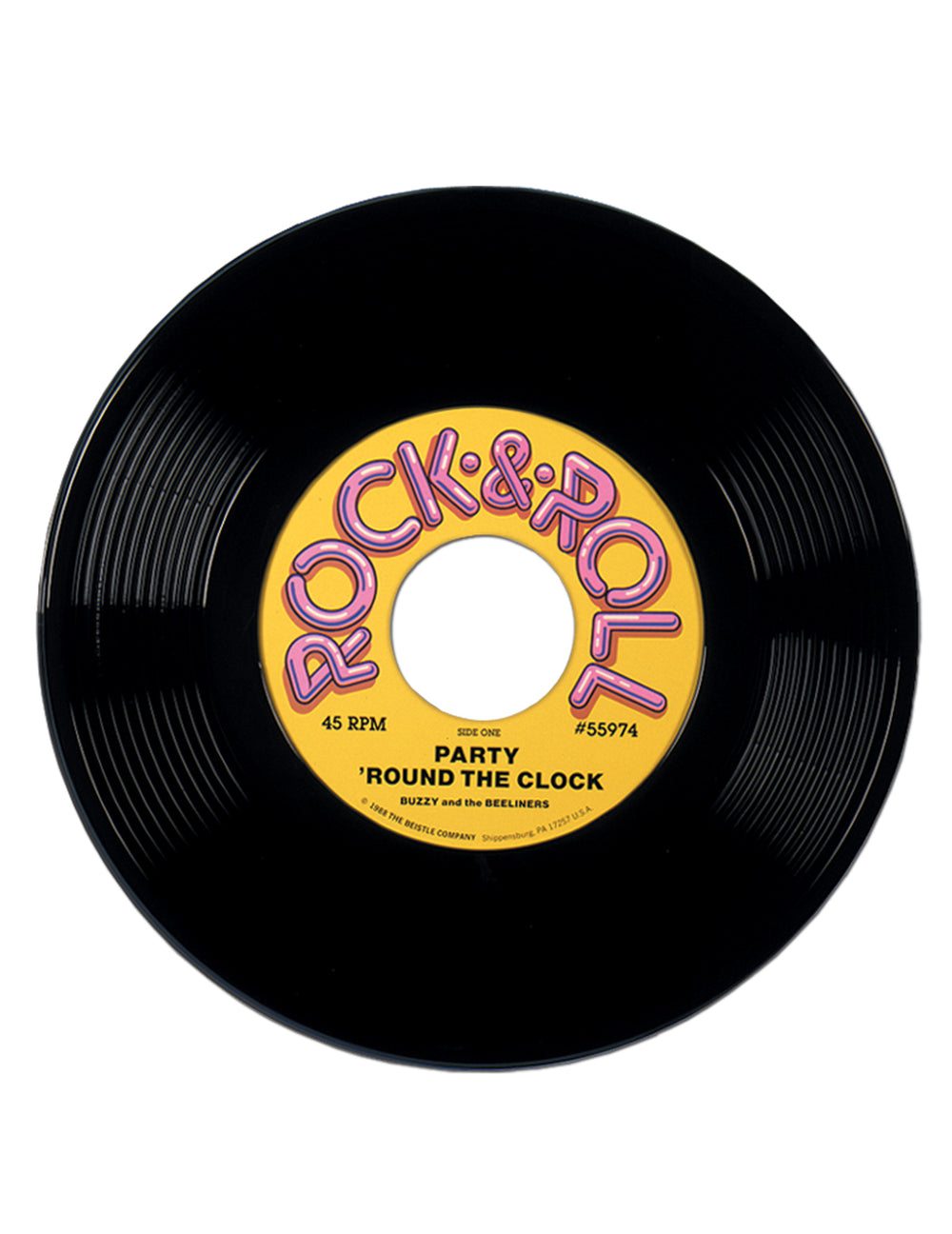 Disque vinyle géant décoration années 50 pour fête noir avec étiquette jaune Rock & Roll