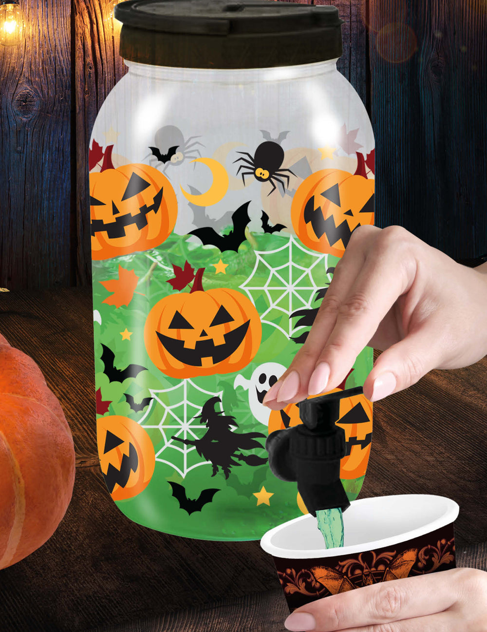 Distributeur à boisson Halloween pour fête avec motifs citrouilles et chauves-souris