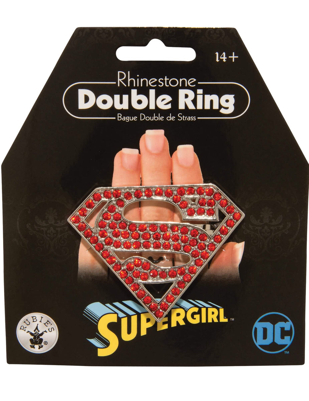 Anel duplo Supergirl para mulher com strass vermelhos e prateados