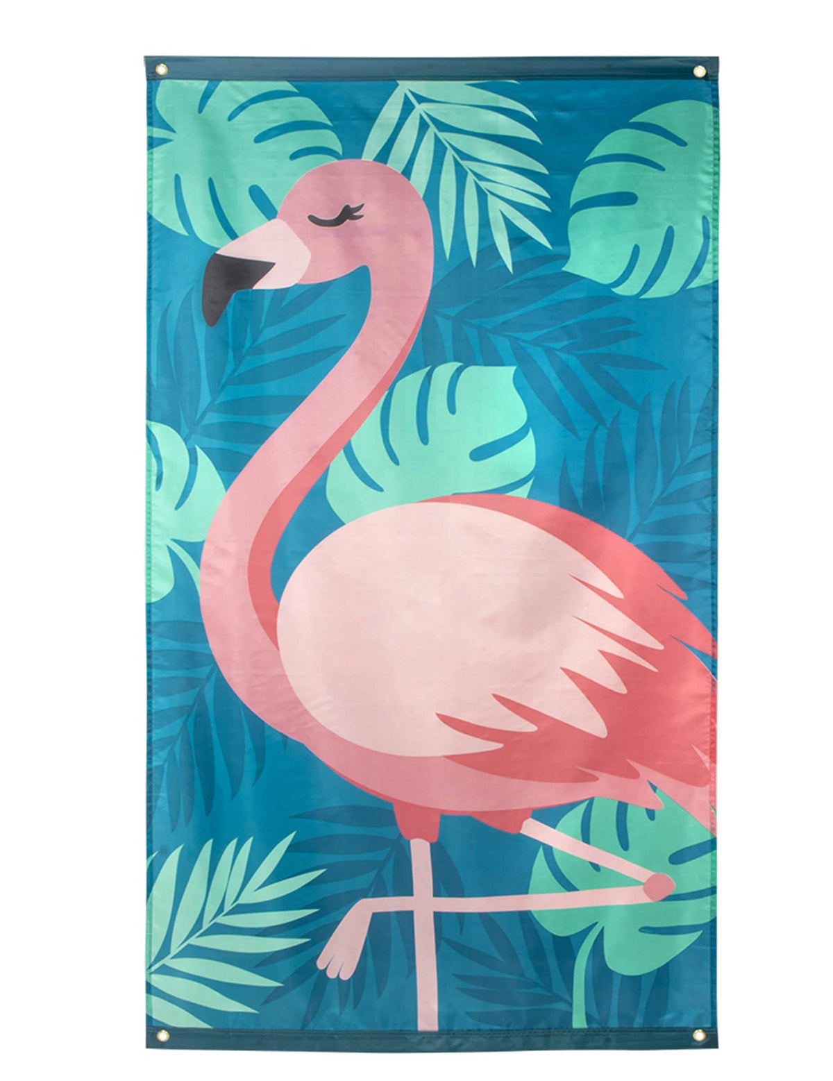 Bandeira Flamant Tropic em tecido cor de rosa e azul com padrão de folhas tropicais