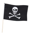 Drapeau sur tige de pirate noir avec tête de mort à cache-œil et os croisés