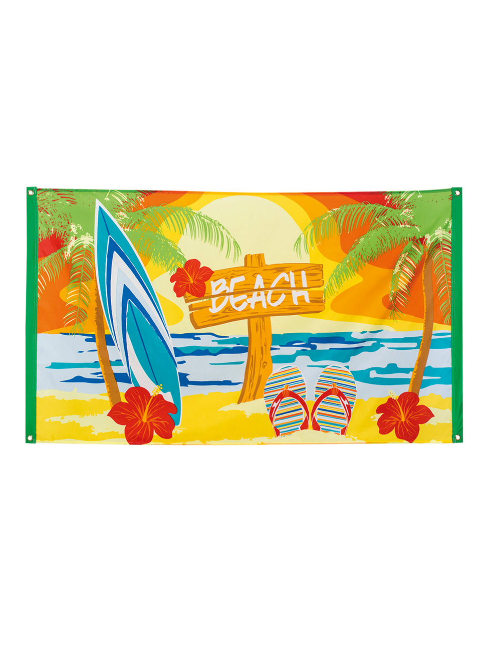 Drapeau Beach party pour décoration de fête multicolore avec planche de surf et palmiers