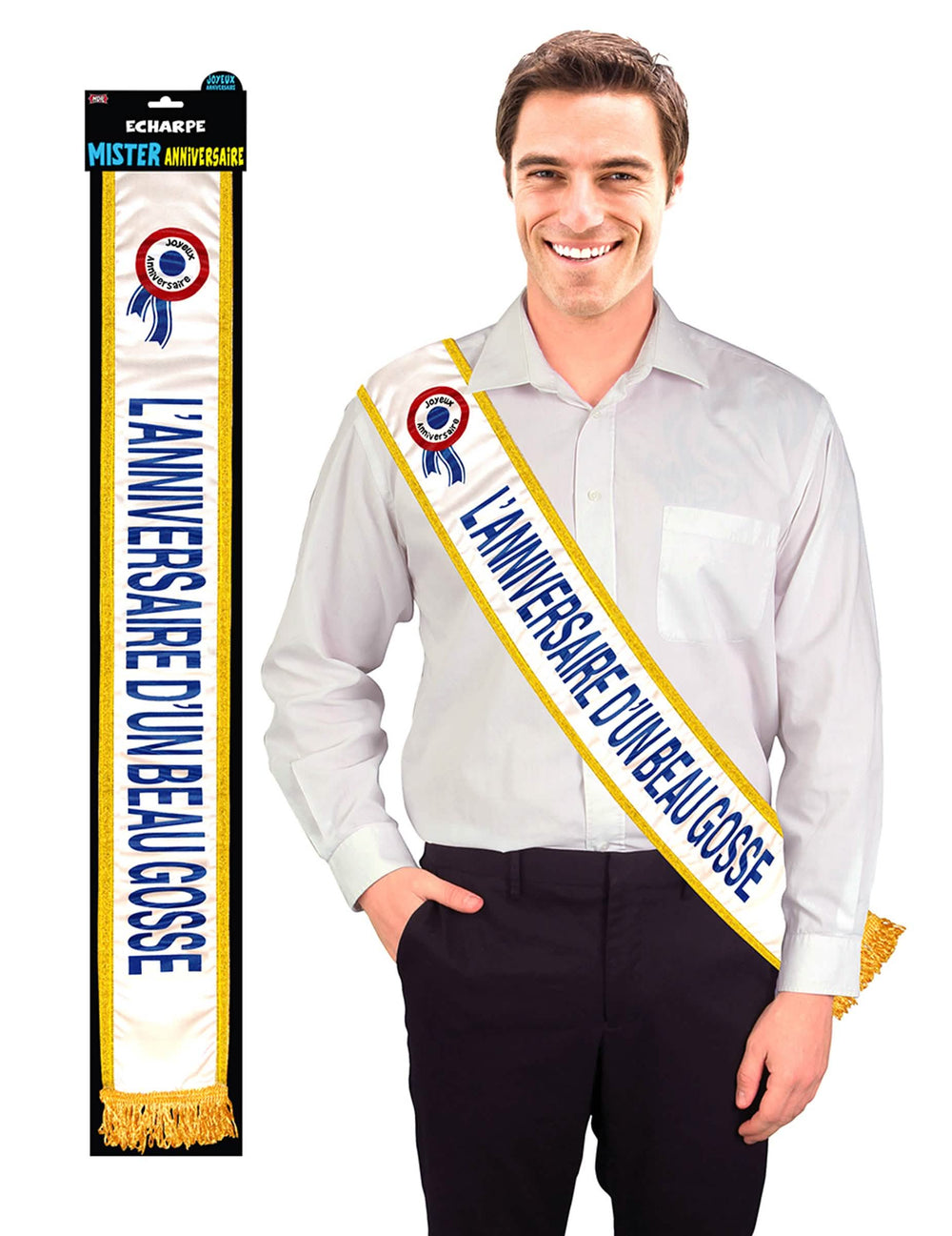 Cachecol Aniversário de um homem bonito branco e dourado com texto azul