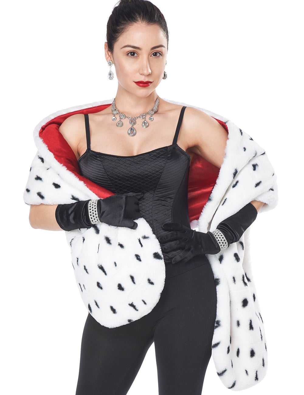 Echarpe en faux dalmatien pour adulte blanche à taches noires avec doublure rouge