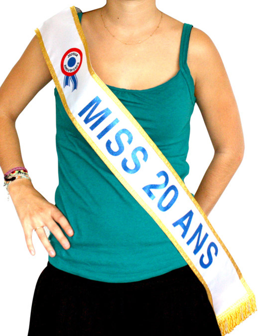 Écharpe Miss 20 ans pour femme blanche et dorée avec texte bleu
