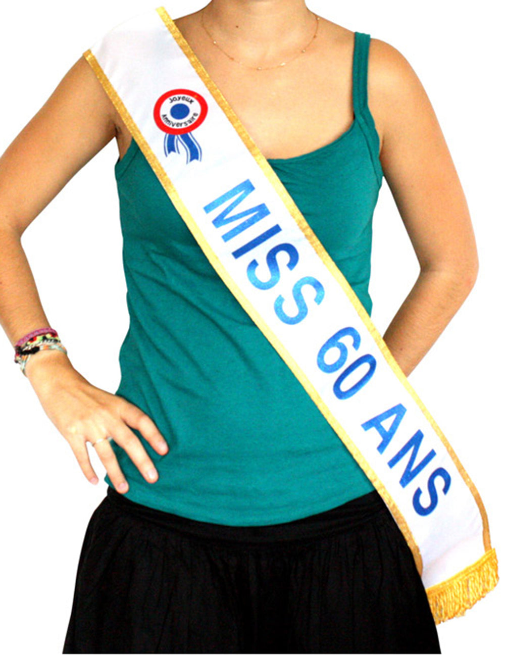 Echarpe Miss 60 ans pour femme blanche avec bordure dorée