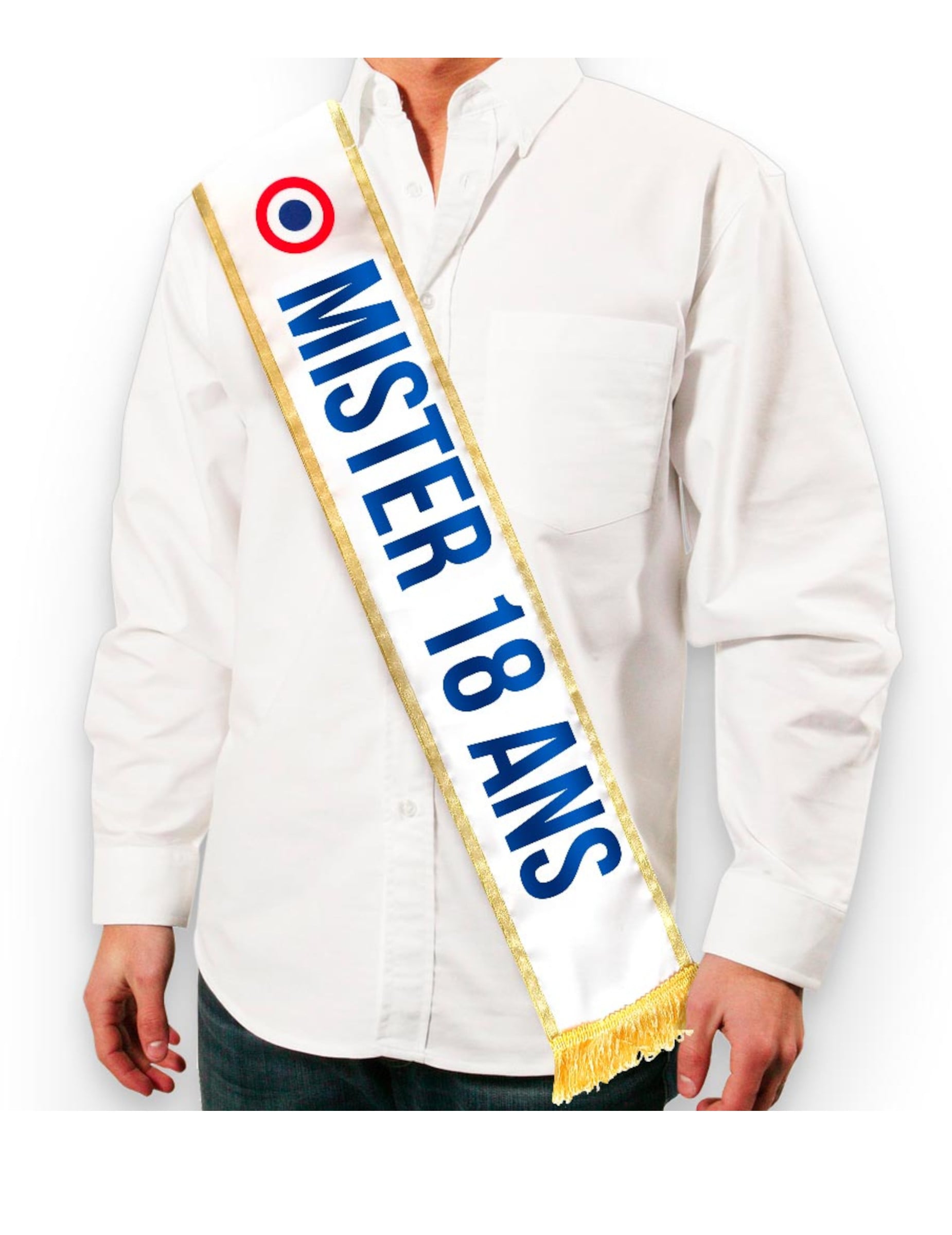 Echarpe tricolore Mister 18 ans pour homme blanche et dorée