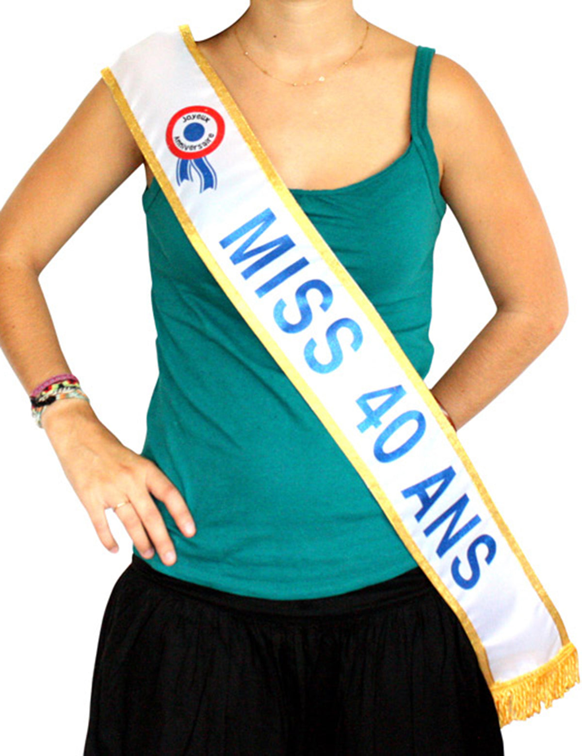 Echarpe Miss 40 ans pour femme blanche et dorée à texte bleu