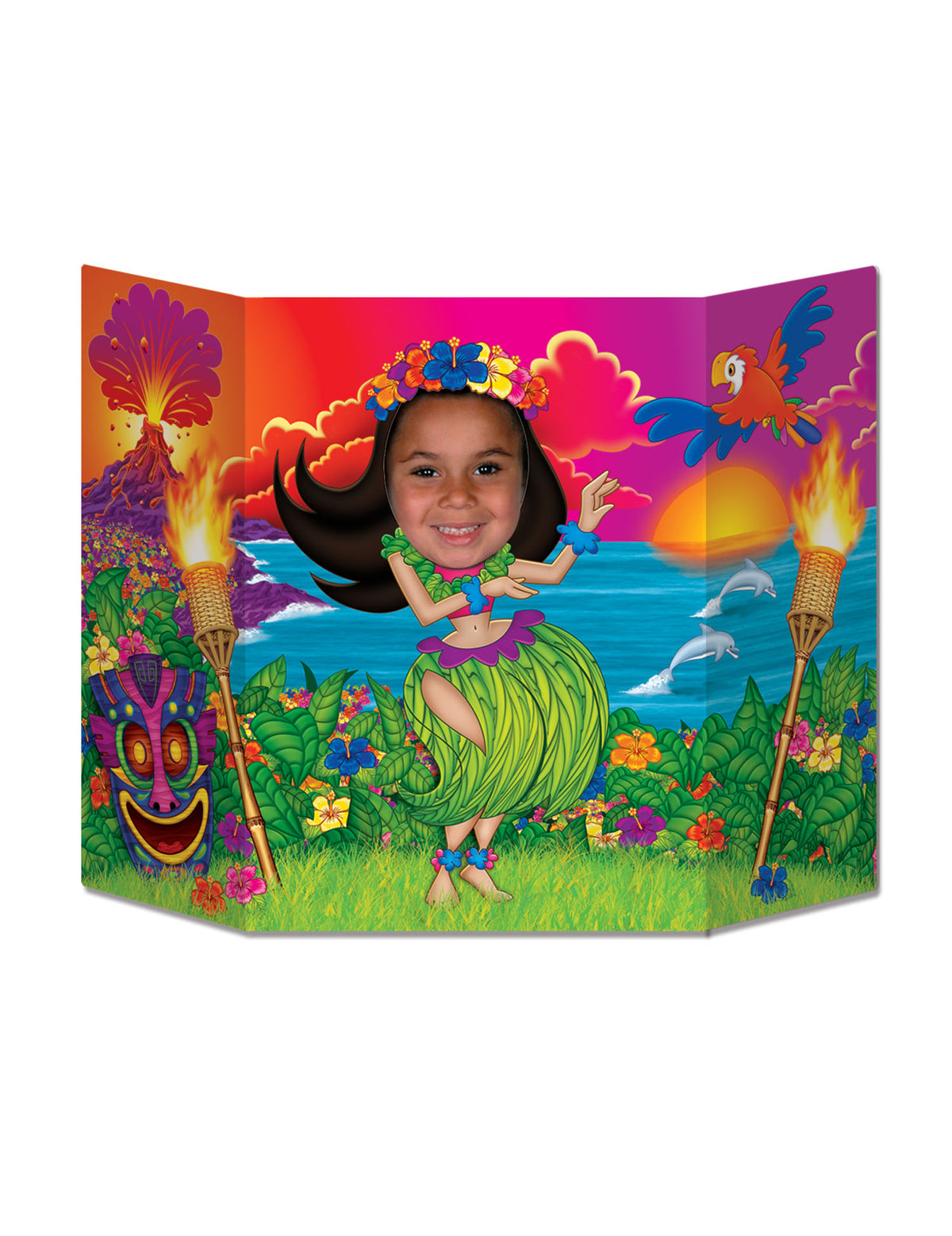 Passe tête en carton Hula Girl Hawaï pour enfant multicolore avec décor tropical
