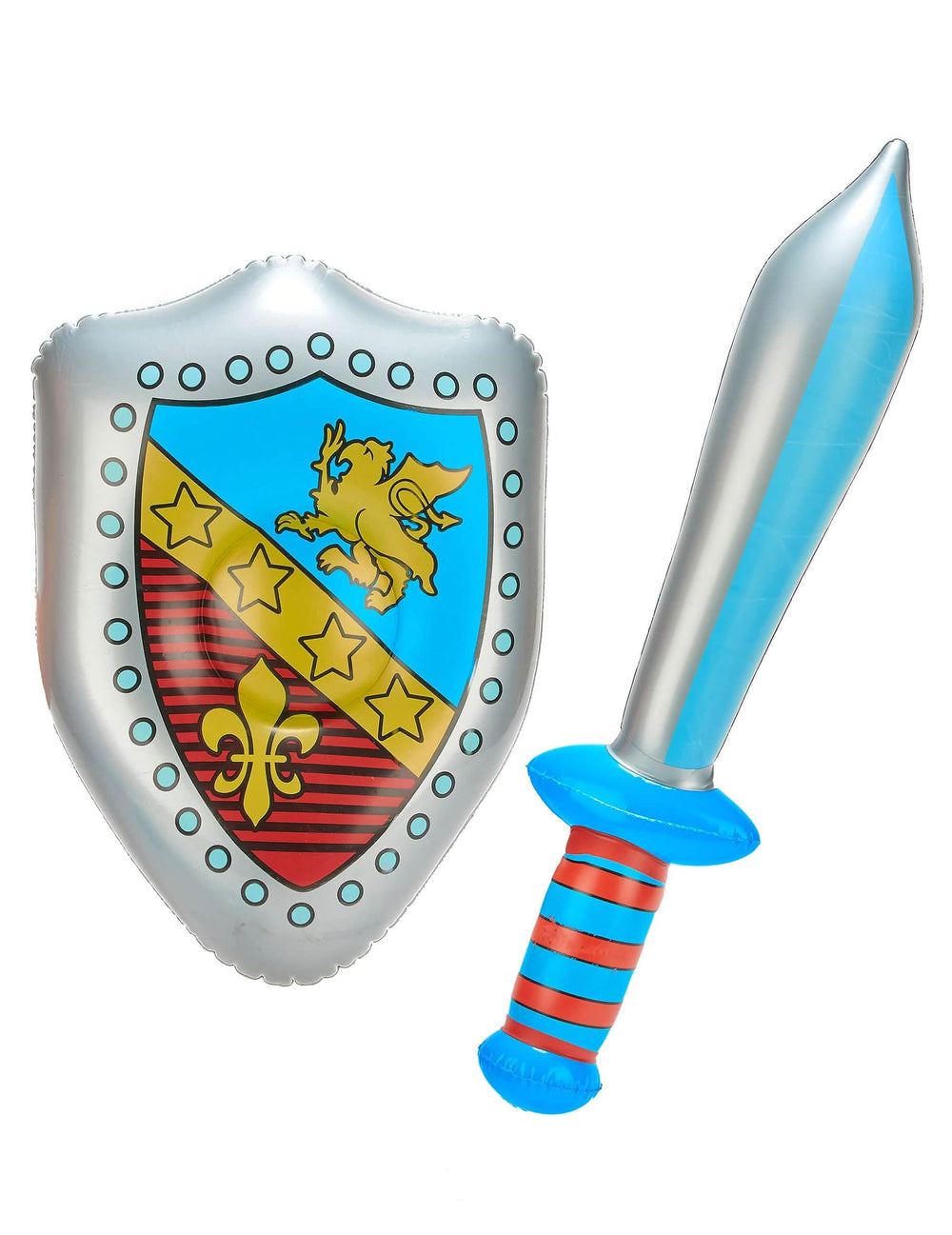 Espada e escudo insuflável de cavaleiro para criança azul e vermelho com brasão
