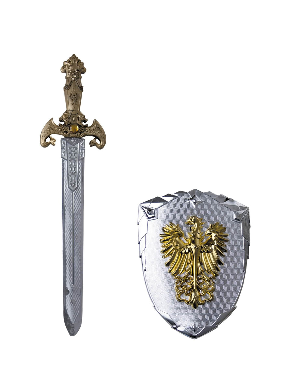 Espada e escudo phoenix para criança prateado e dourado