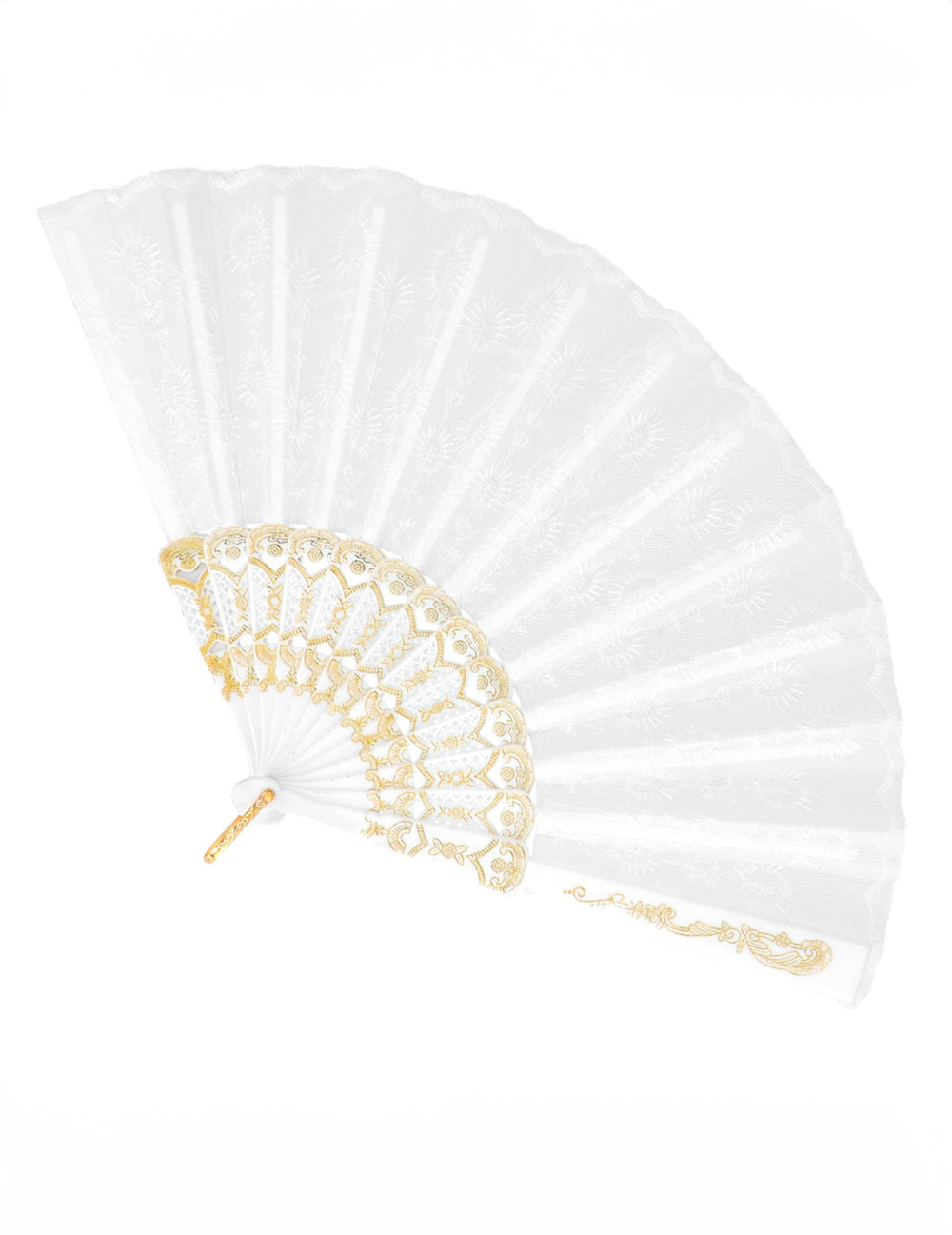 Eventail blanc pour adulte avec dentelle et motifs dorés