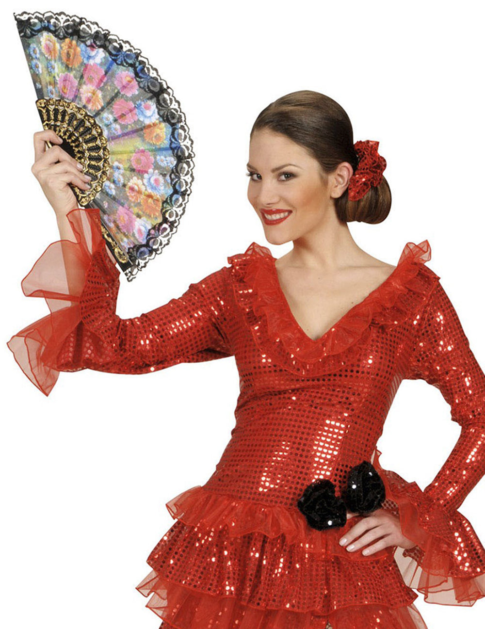 Eventail espagnol pour femme à motifs floraux et dentelle noire