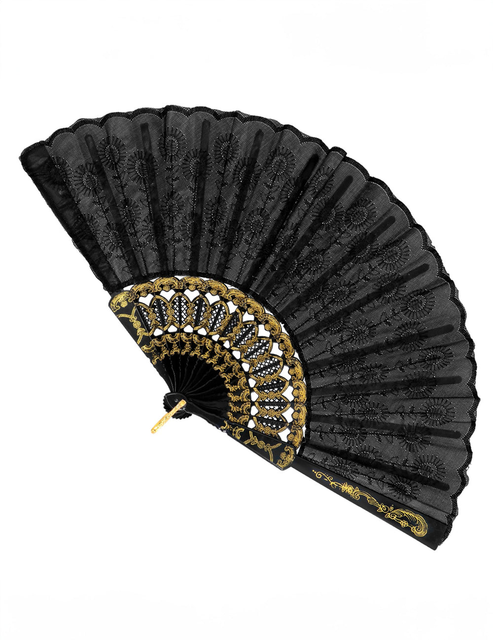 Eventail pour adulte noir avec motifs dorés