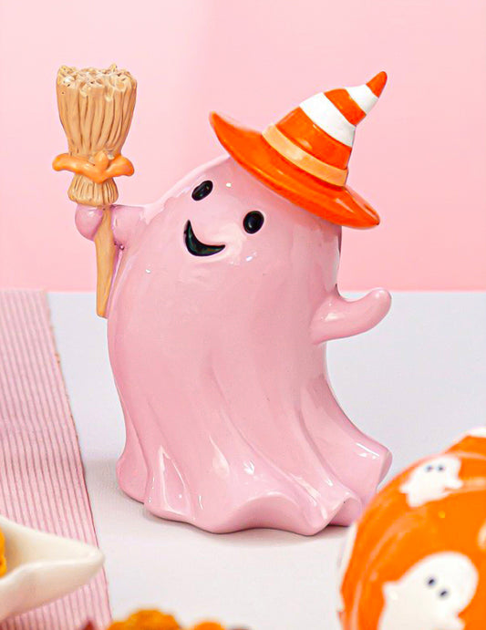 Fantasma de resina com vassoura rosa pastel 15 cm