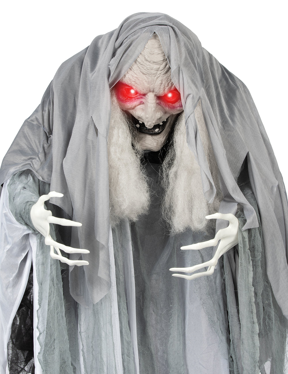 Gros plan sur le visage et les mains de la sorcière animée pour décoration d'Halloween