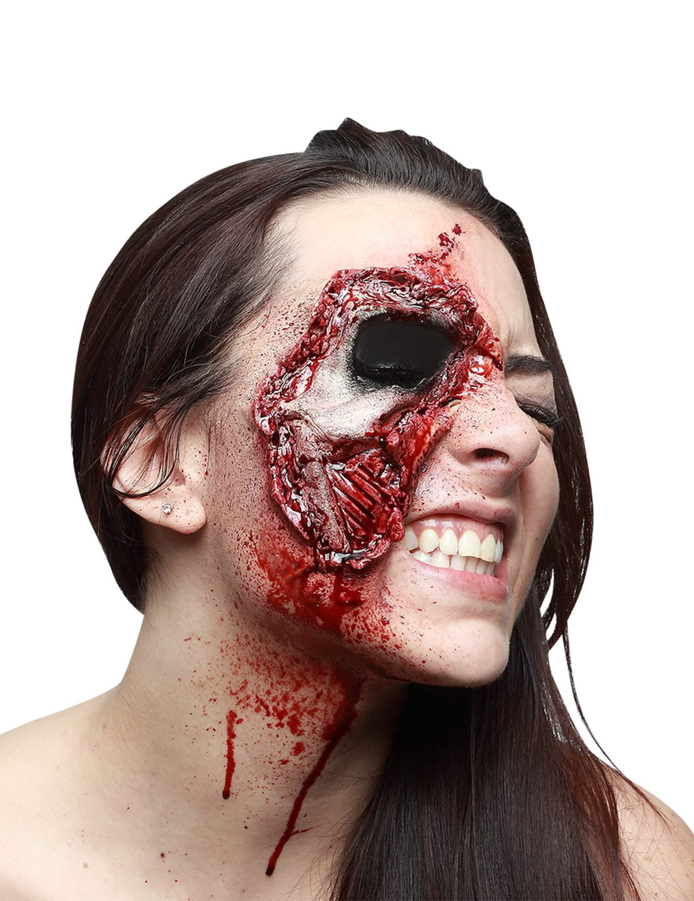Ferida falsa de pele do rosto arrancada halloween para adulto vermelho e ensanguentada