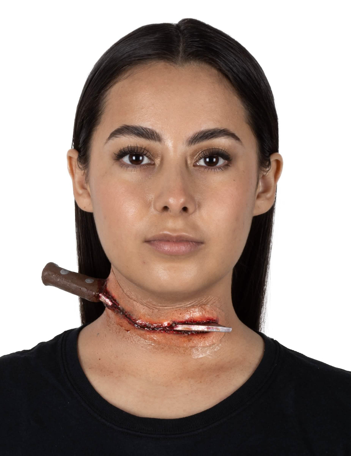 Falsa ferida de faca no pescoço para adulto, ensanguentada e realista