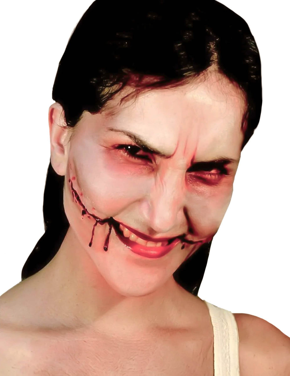 Ferida falsa sorriso do anjo halloween para adulto vermelho e ensanguentada