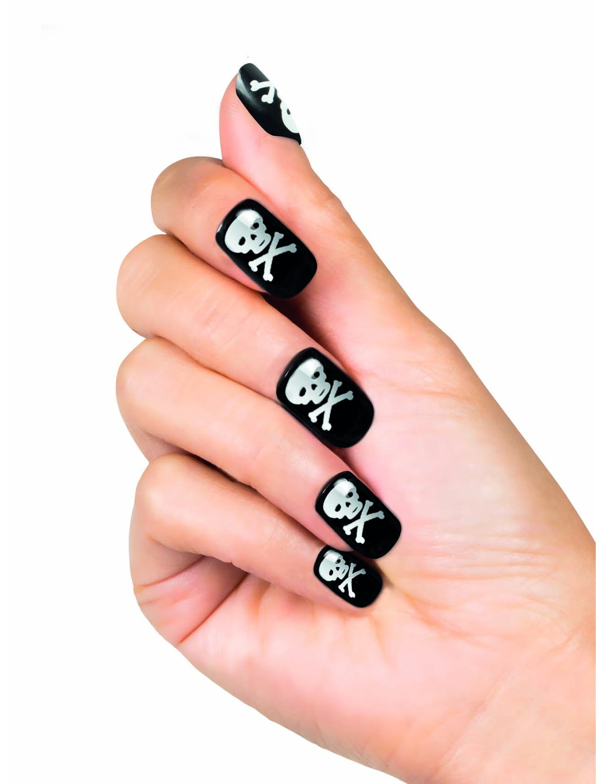 Faux ongles adhésifs pirate pour femme noirs avec tête de mort blanche