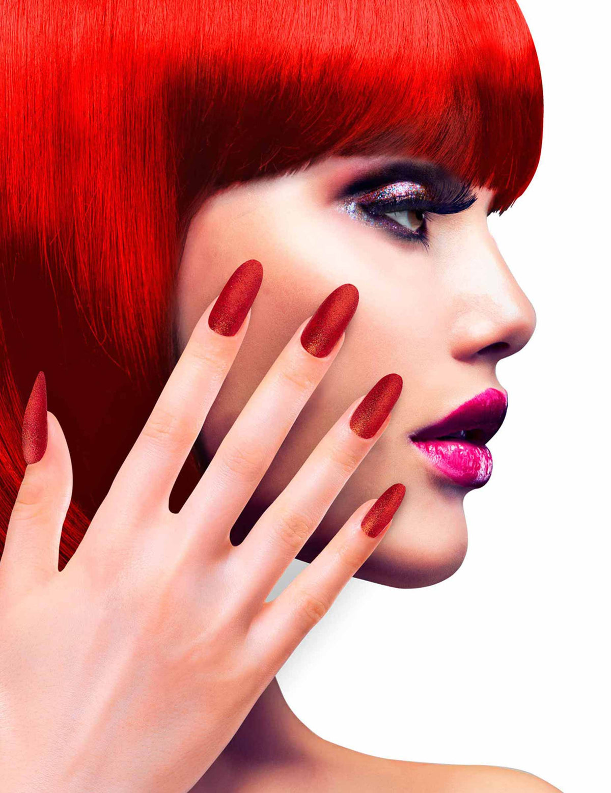 Unhas postiças adesivas para adulto vermelhas com purpurinas, longas
