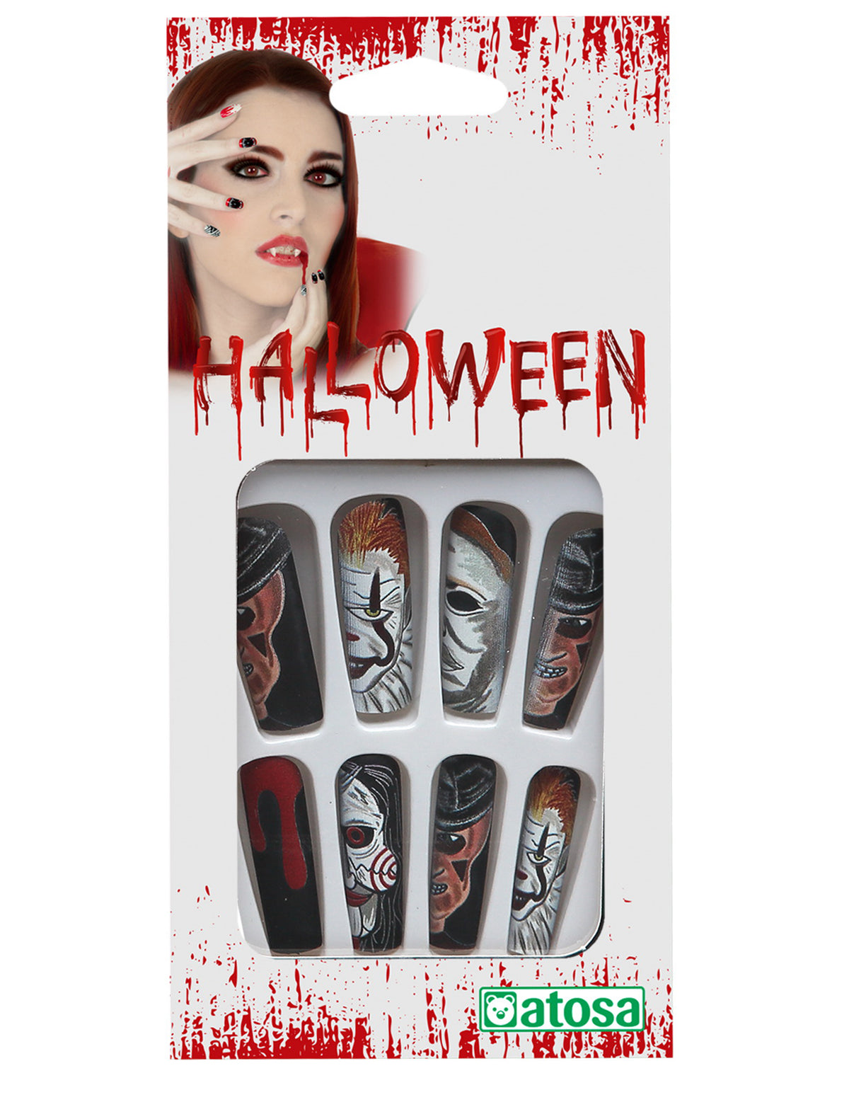 Faux ongles personnages de films d'horreur pour adulte noirs avec motifs illustrés