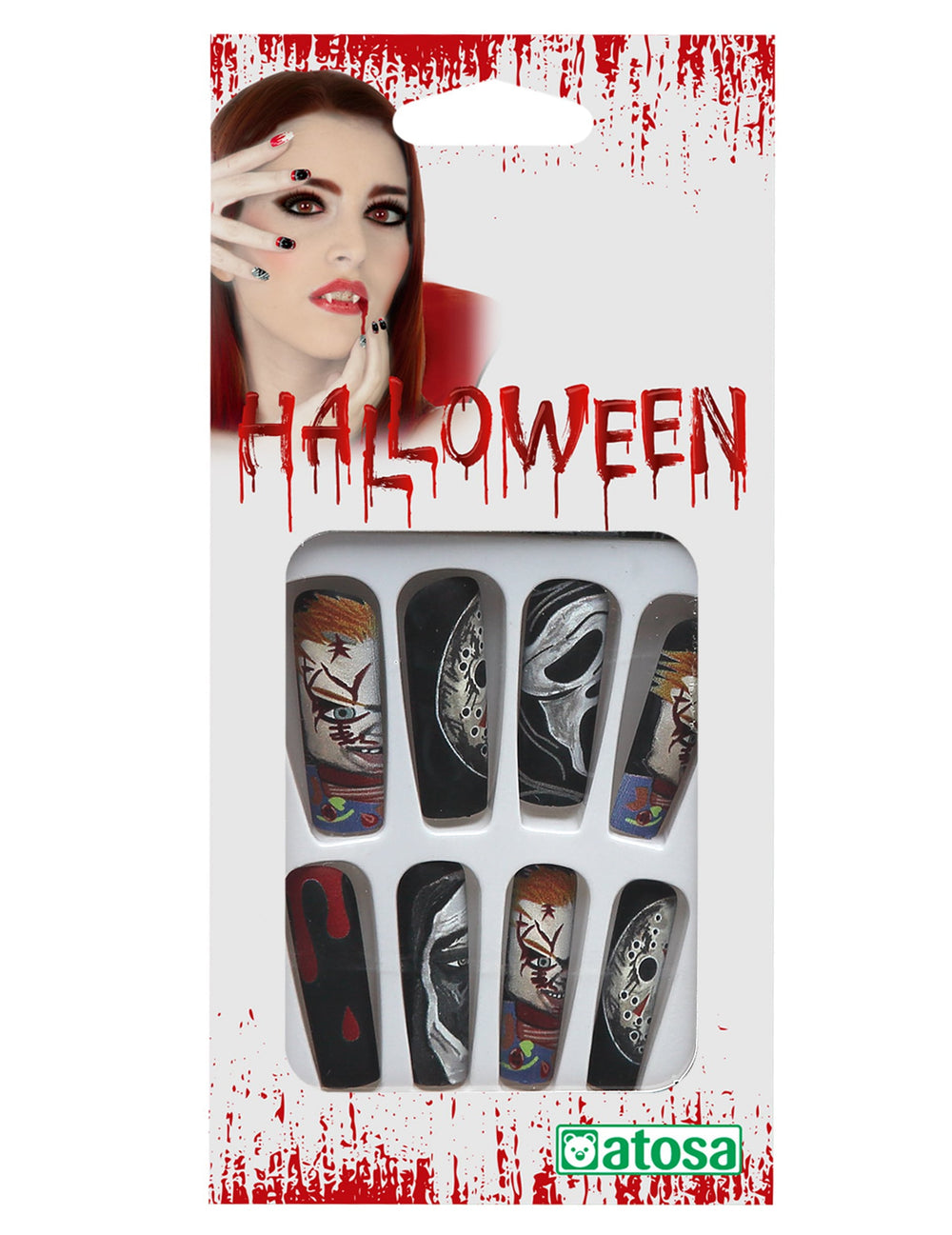 Faux ongles serial killer de films d'horreur pour femme multicolores illustrés