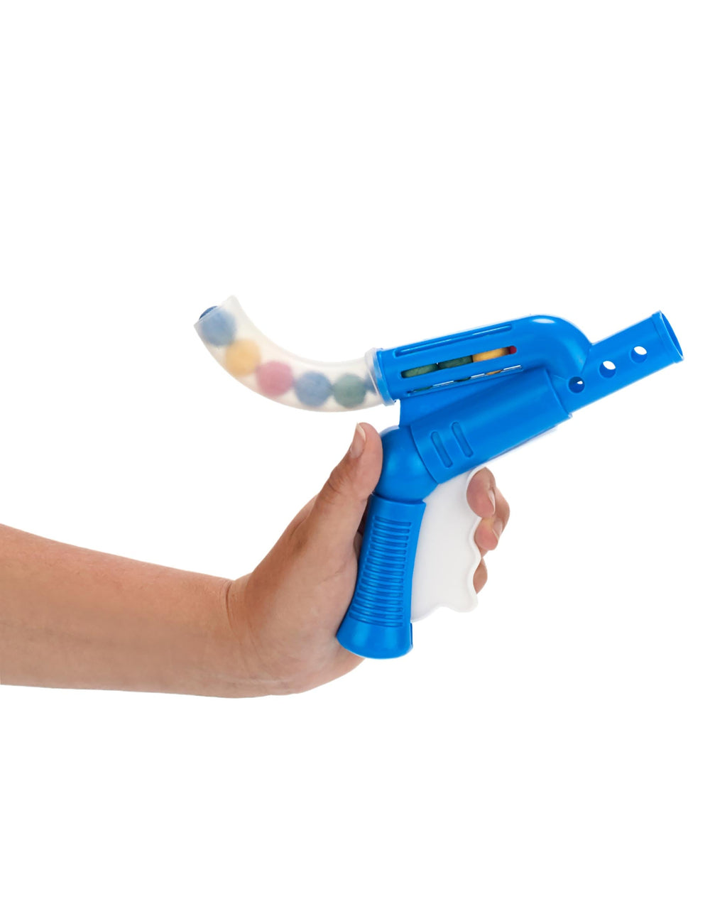 Vue de profil tenu en main du faux pistolet sarbacane